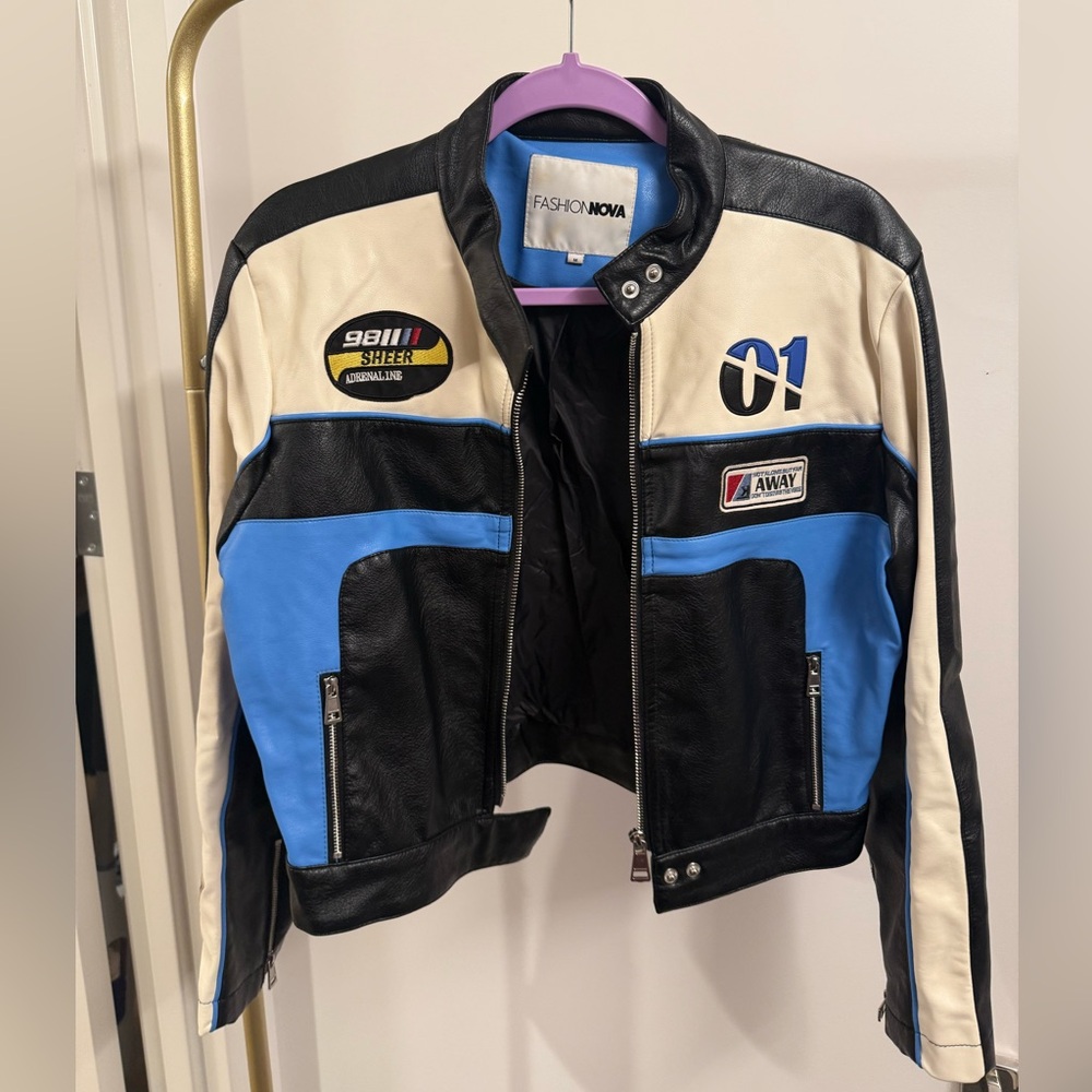 Fashion Nova Black and White Leather Jacket with Racing Style